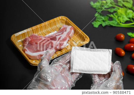beef steak on plastic packaging with food absorbent in supermarket, Good quality for food store 90588471