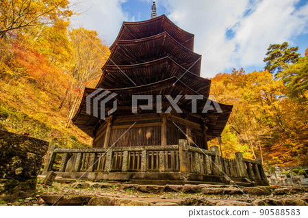 Autumn Shinshu Ueda Autumn Leaves Anrakuji National Treasure Octagonal Triple Pagoda 90588583