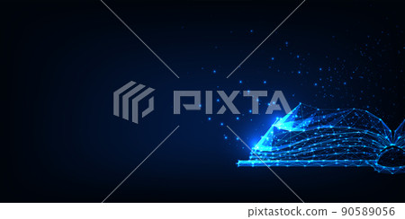Futuristic digital open book concept banner in glowing style and copy space on dark blue  90589056