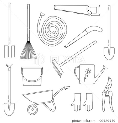 Hand drawn set of gardening tools. Tools for planting and caring for plants. Doodle style. Vector. 90589519