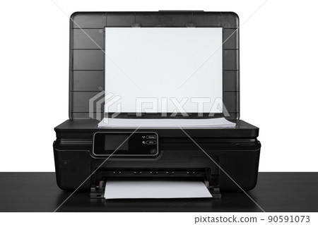 Laser home printer on table against white backgorund Laser home printer on table against white backgorund 90591073