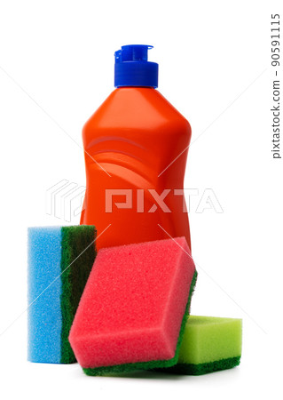 Bottles with cleaning products and sponge on a white isolated background Bottles with cleaning products and sponge on a white isolated background 90591115