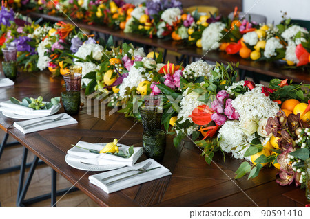Table set for wedding or another catered event dinner Table set for wedding or another catered event dinner 90591410