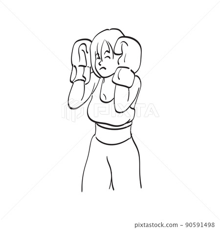 line art half length of woman with boxing gloves illustration vector hand drawn isolated on white background 90591498