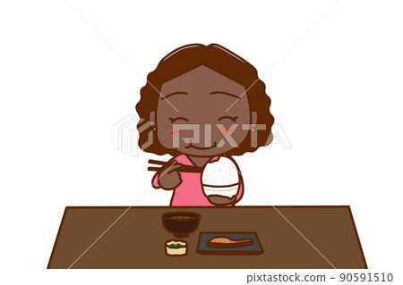 (Front) An African woman eating a large serving of rice and Japanese food with a smile on the table 90591510