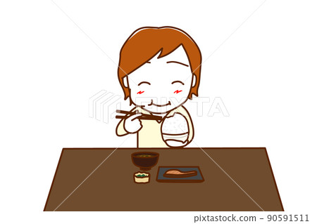 （前）一個白人男子麵帶微笑地吃著一大份米飯和日本料理 90591511