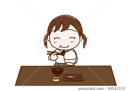 （前）一名女學生面帶微笑地吃著一大盤米飯和日本料理 90591515