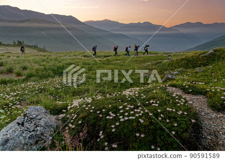 Climbers going through Tarohei in the Northern Alps at dawn and the mountains at the headwaters of the Kurobe River 90591589