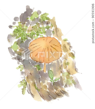Watercolor illustration of a yellow mushroom growing on a mossy stump in a park Watercolor illustration of a yellow mushroom growing on a mossy stump in a park 90591906