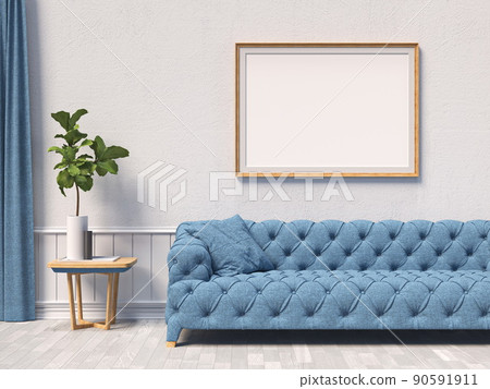 Mock up poster frames with blue sofa and curtain Mock up poster frames with blue sofa and curtain 90591911