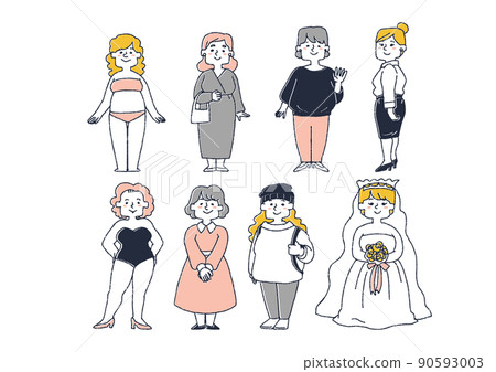 A set of plump and attractive women enjoying fashion, a comical handwritten person A set of plump and attractive women enjoying fashion, a comical handwritten person 90593003
