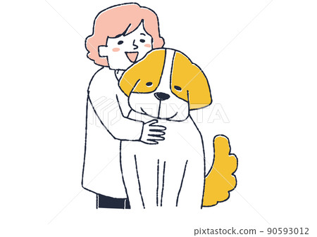 A woman embracing her pet St. Bernard, a comical handwritten person vector, a warm line drawing 90593012