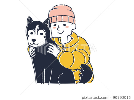 A man who loves his pet Siberian Husky, a comical handwritten person vector, a warm line drawing A man who loves his pet Siberian Husky, a comical handwritten person vector, a warm line drawing 90593015