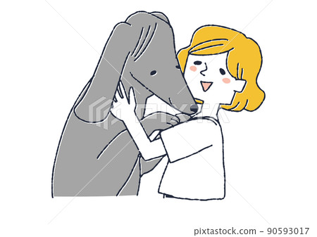 A woman who loves her pet Borzoi, a comical handwritten person vector, a warm line drawing A woman who loves her pet Borzoi, a comical handwritten person vector, a warm line drawing 90593017