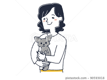 A woman who loves her pet Chihuahua, a comical handwritten person vector, a warm line drawing 90593018