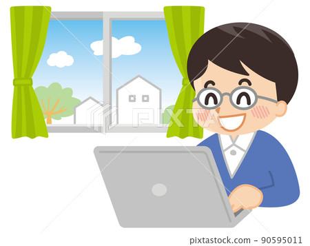 一個在房間裡使用筆記本電腦的人在家工作 一個在房間裡使用筆記本電腦的人在家工作 90595011