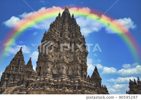 Rainbow over Prambanan Temples 90595297