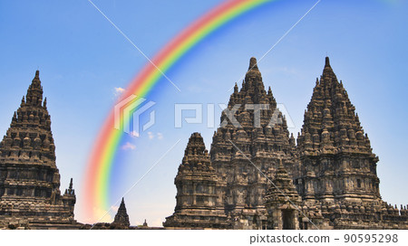 Rainbow over Prambanan Temples 90595298