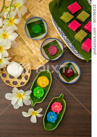 Thai dessert concept, Thai pudding with coconut topping glossy sticky rice and layered desserts Thai dessert concept, Thai pudding with coconut topping glossy sticky rice and layered desserts 90596918