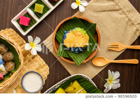 Thai dessert concept, Various thai desserts made from glutinous rice sago and sweet pork fillings Thai dessert concept, Various thai desserts made from glutinous rice sago and sweet pork fillings 90596920
