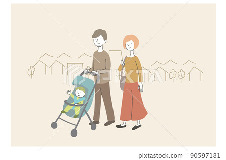 父母推著嬰兒車的插圖 90597181