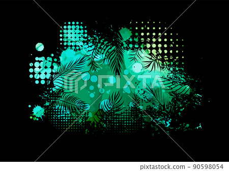 silhouette of black palm leaves on a watercolor background. Vector illustration. Painted frame design. Bright colors. Abstract art silhouette of black palm leaves on a watercolor background. Vector illustration. Painted frame design. Bright colors. Abstract art 90598054
