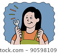 一個女人用帶背景的叉子愉快地吃飯的圖像插圖 90598109