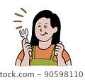 一個女人用叉子開心地吃飯的圖像插圖 90598110