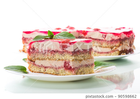 strawberry poppy cake with cream in a plate strawberry poppy cake with cream in a plate 90598662