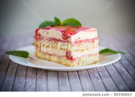 strawberry poppy cake with cream in a plate strawberry poppy cake with cream in a plate 90598663