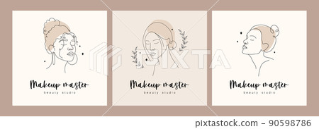 Set of logos design for beauty studio or makeup artist. Abstract woman faces with closed eyes. Hand drawn outline female silhouettes. Vector illustration in one line drawing style 90598786