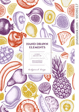 Fruits pattern card design. Hand drawn bananas, pears, kiwi etc. Fruits pattern card design. Hand drawn bananas, pears, kiwi etc. 90599117