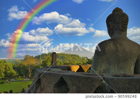Rainbow over Borobudur Temple 90599248