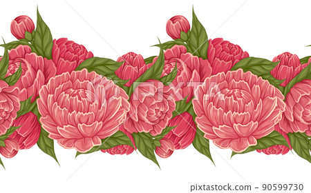 Vector seamless border with cartoon peony flowers with foliage isolated from background. Frame with floral composition. Botany frieze Vector seamless border with cartoon peony flowers with foliage isolated from background. Frame with floral composition. Botany frieze 90599730
