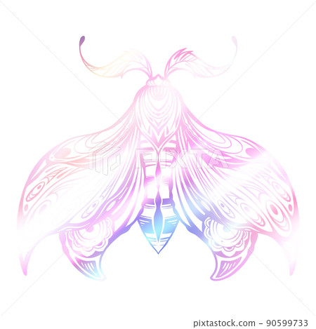 Vector iridescent purple drawing of a night butterfly. Fluorescent olorful illustration of a moth with tracery ornament. Foil insect 90599733