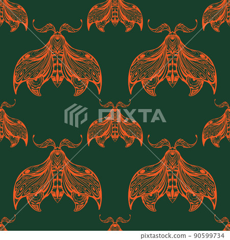 Vector seamless pattern with drawing moth with boho decoration. Texture with night butterfly with tracery ornament. Vector seamless pattern with drawing moth with boho decoration. Texture with night butterfly with tracery ornament. 90599734