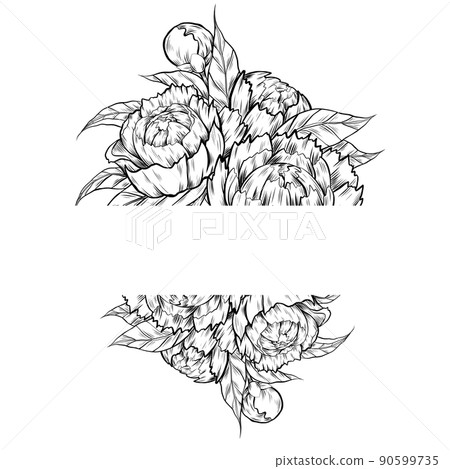 Vector card template with monochrome sketch of peony flowers, foliage and copy space. Postcard with contour natural frame of floral bouquet Vector card template with monochrome sketch of peony flowers, foliage and copy space. Postcard with contour natural frame of floral bouquet 90599735