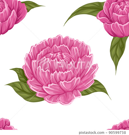 Vector seamless pattern with big peony flowers with foliage on white background for wrapping paper. Texture of pink flowerhead in row for wallpaper Vector seamless pattern with big peony flowers with foliage on white background for wrapping paper. Texture of pink flowerhead in row for wallpaper 90599738