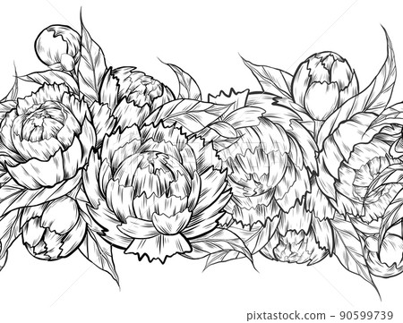 Seamless border with monochrome sketch peony flowers, foliage and hatching isolated from background. Vector outline floral frame. Seamless border with monochrome sketch peony flowers, foliage and hatching isolated from background. Vector outline floral frame. 90599739