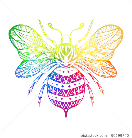 Vector drawing of rainbow watercolor bee. Colorful drawing of honeybee with tracery ornament. Insect with wings with boho ornament Vector drawing of rainbow watercolor bee. Colorful drawing of honeybee with tracery ornament. Insect with wings with boho ornament 90599740
