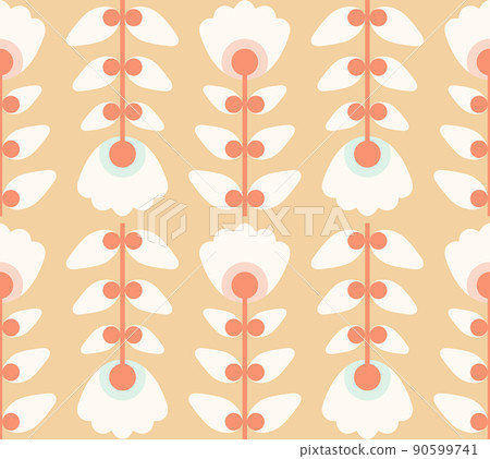 Seamless vector retro pattern with white geometric flowers on a beige background. Delicate floral texture in the style of the sixties Seamless vector retro pattern with white geometric flowers on a beige background. Delicate floral texture in the style of the sixties 90599741