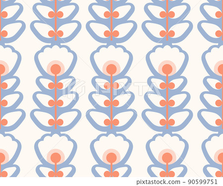 Seamless retro pattern with white geometric flowers with blue contour on white background. Vector floral texture i Seamless retro pattern with white geometric flowers with blue contour on white background. Vector floral texture i 90599751