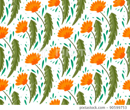 Seamless pattern with flat hand drawn dandelions with foliage on white background with dots and foliage. Vector natural texture with flowers. 90599753
