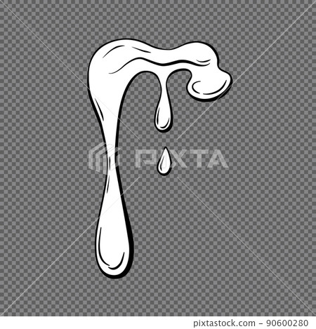 Dripping liquid outline on a transparent background. Contoured black and white illustration of a flowing viscous liquid. Wax, honey, slime. Vector. 90600280