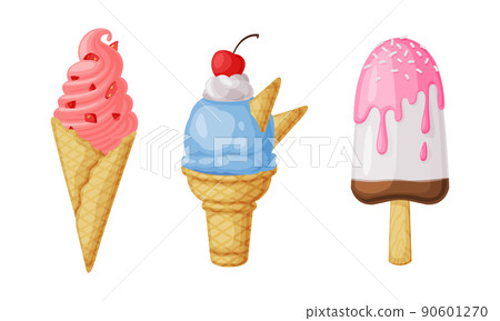 Ice Cream in Waffle Cone and on Stick as Frozen Dessert and Sweet Snack Vector Set 90601270