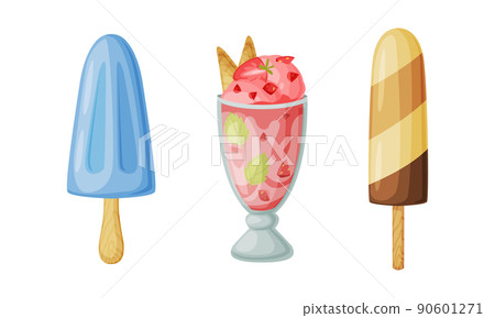 Ice Cream in Glass Bowl and on Stick as Frozen Dessert and Sweet Snack Vector Set Ice Cream in Glass Bowl and on Stick as Frozen Dessert and Sweet Snack Vector Set 90601271