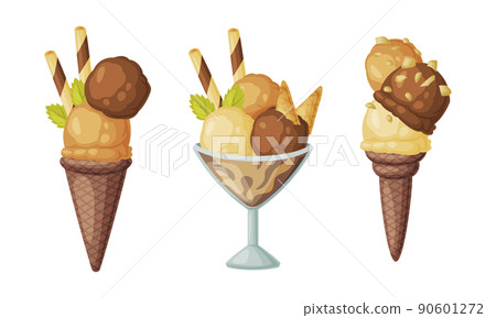 Ice Cream in Waffle Cone and Glass Bowl as Frozen Dessert and Sweet Snack Vector Set Ice Cream in Waffle Cone and Glass Bowl as Frozen Dessert and Sweet Snack Vector Set 90601272