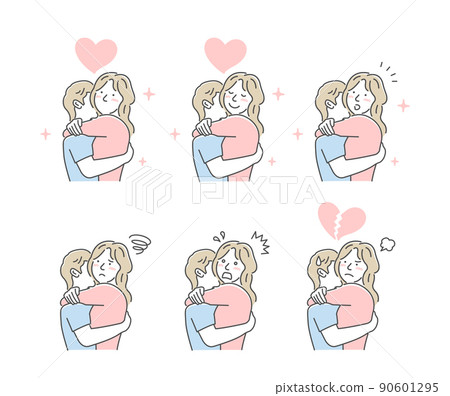 Young men and women hugging upper body vector illustration / facial expression pattern set 90601295