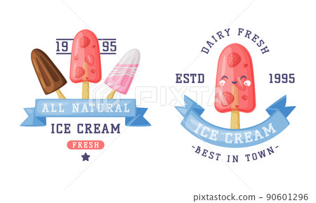 Ice Cream Emblem and Badge with Ribbon and Frozen Dessert Vector Template Set Ice Cream Emblem and Badge with Ribbon and Frozen Dessert Vector Template Set 90601296