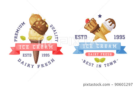 Ice Cream Emblem and Badge with Ribbon and Frozen Dessert Vector Template Set 90601297